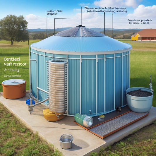 An illustration of a rooftop rainwater harvesting system, featuring a corrugated metal roof, PVC pipes, a first flush device, a water tank with an overflow valve, and a pump with a pressure tank.