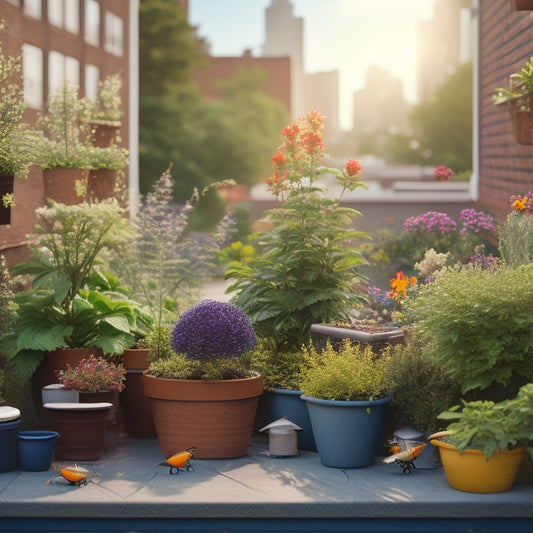 A serene rooftop garden scene with lush greenery, colorful flowers, and a few ladybugs and lacewings perched on leaves, surrounded by birdhouses, bee hotels, and a few neem oil bottles.
