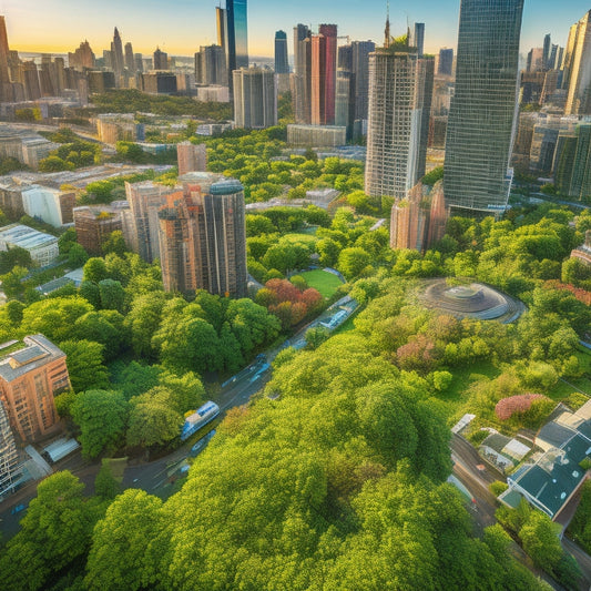 An aerial view of a densely populated cityscape with multiple buildings featuring lush, vibrant green roofs, showcasing diverse plant species, trees, and flowers, with birds, bees, and butterflies thriving amidst the urban landscape.