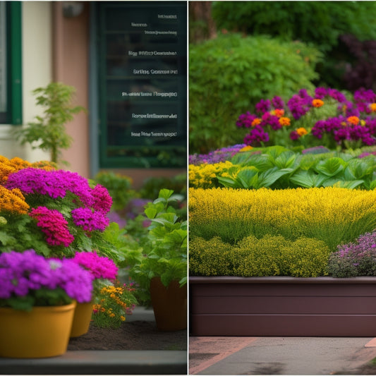 A split-screen image featuring a thriving planter box on the left with lush green plants and vibrant flowers, and a pH level chart on the right with a highlighted optimal range of 6.0-7.0.