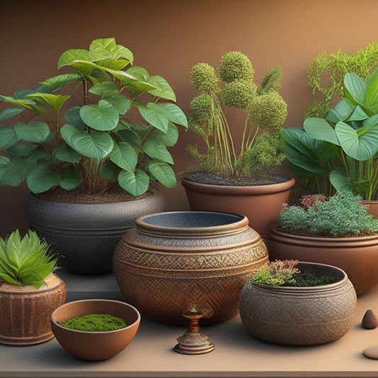 An illustration of various planter designs with intricate drainage systems, showcasing different materials like terracotta, ceramic, and wooden planters, with visible water flow and roots growing freely.