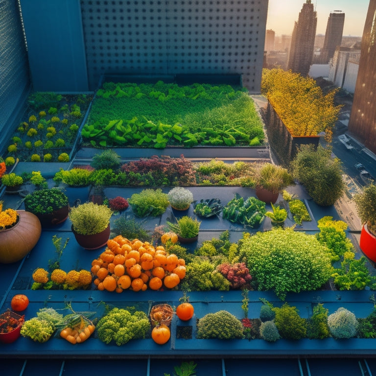 A vibrant, aerial view of a rooftop hydroponic garden, showcasing lush, diverse crops like leafy greens, cherry tomatoes, and herbs, amidst a grid of pipes and misting systems, set against a cityscape backdrop.