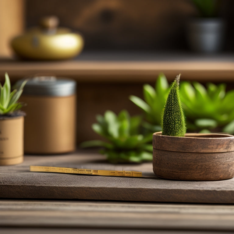 A wooden planter box with measuring tape wrapped around it, a pencil lying next to it, and a small pot with a tiny plant in the background, on a rustic wooden table.