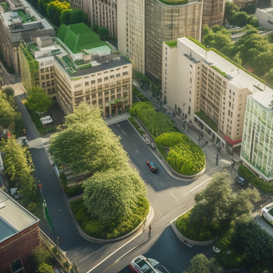 Aerial view of a bustling city with lush green rooftops, vibrant flowers, and thriving fruit trees, showcasing a mix of modern architecture and natural beauty.
