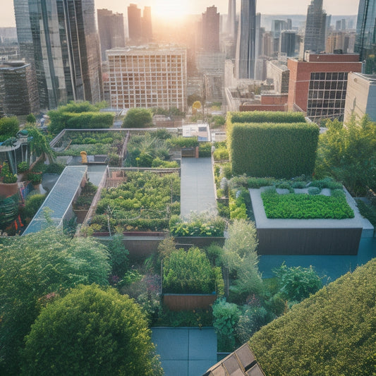 An aerial view of a lush, thriving rooftop garden with diverse plants, trellises, and a rainwater harvesting system, surrounded by a bustling cityscape with skyscrapers and busy streets.