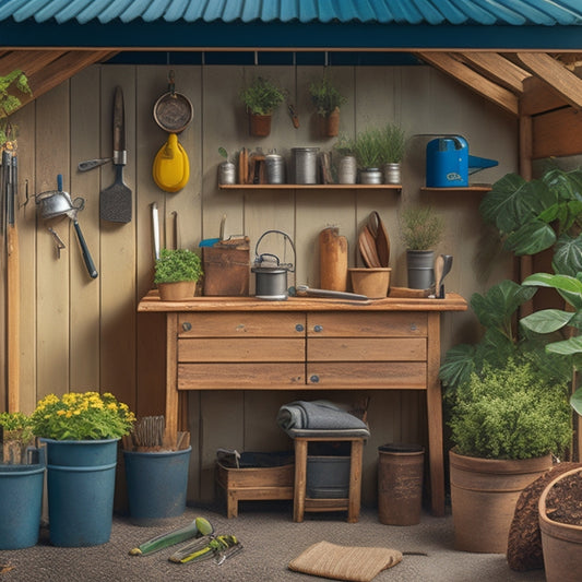 An illustration of a well-organized gardening shed with a wooden planter in the center, surrounded by various tools like pruning shears, a watering can, gloves, and a soft-bristled brush.