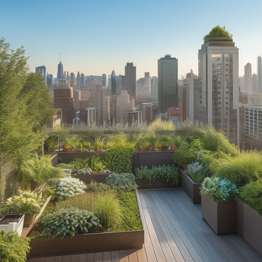 A serene rooftop oasis featuring a modular, trellis-like vertical garden system with lush greenery, vibrant flowers, and a meandering irrigation system, set against a backdrop of sleek city skyscrapers.