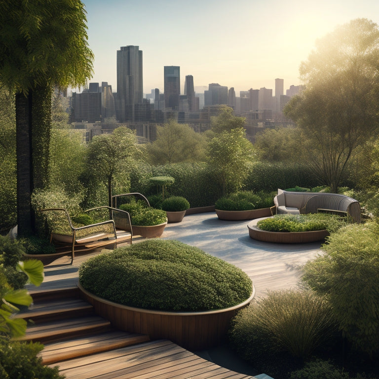 A serene rooftop oasis with lush greenery, curved wooden benches, and a meandering pathway amidst a bustling cityscape, with a subtle hint of sunlight filtering through the vegetation.