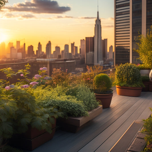 A serene rooftop garden scene at sunset, with lush greenery, colorful flowers, and vines spilling over wooden planters, surrounded by sleek city skyscrapers in the background.