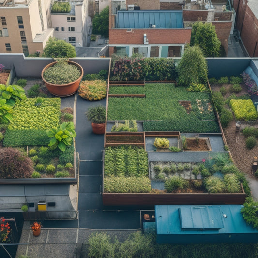 An aerial view of a rooftop veggie garden with a cluttered, disorganized layout on one side and a tidy, optimized layout on the other, with thriving plants and a subtle cityscape background.