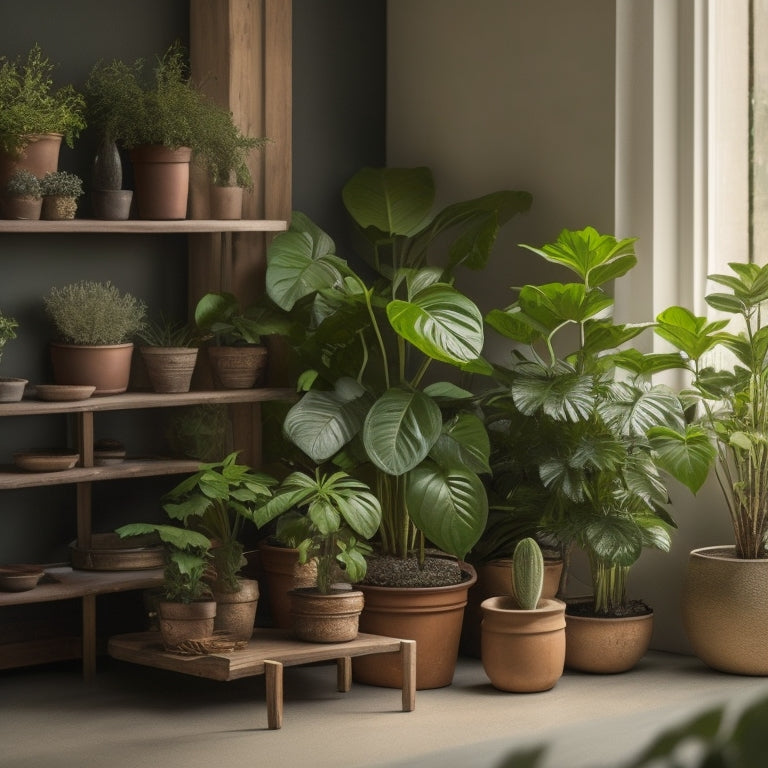 A serene, well-lit indoor space with 5-7 potted plants of varying sizes and species, each with a slight imperfection (e.g., yellowed leaf, wilted stem) on a wooden table or shelf.