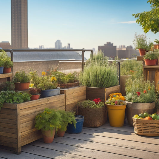 A sunny urban rooftop with a variety of DIY planters, including wooden crates, metal tubs, and repurposed pallets, overflowing with lush greenery, vibrant flowers, and ripe fruits and vegetables.