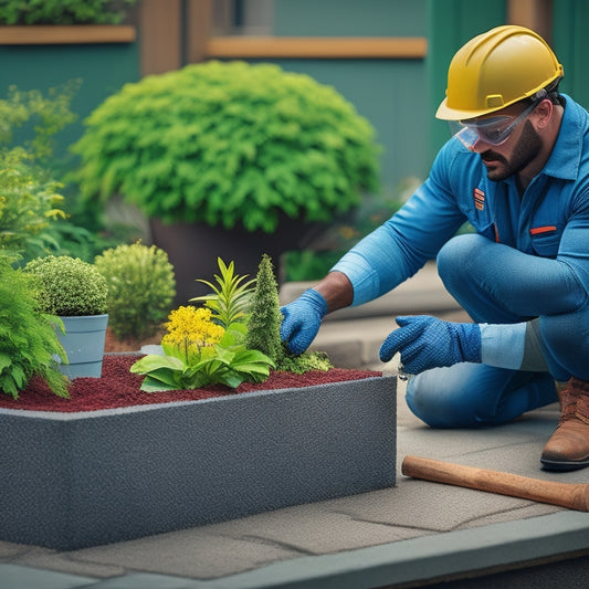 An illustration of a person wearing gloves and safety goggles, carefully lifting a concrete block planter onto a patio, with a level and trowel nearby, surrounded by lush greenery and a subtle background of a residential yard.