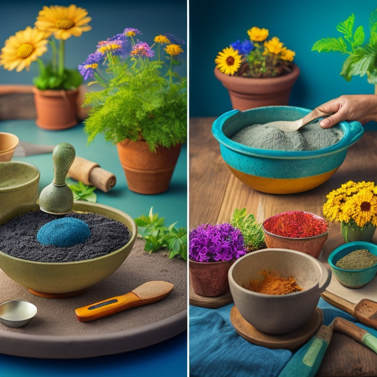 A step-by-step illustration of a person's hands crafting a concrete planter, with mixing bowl, trowel, and mold in the background, surrounded by flowers and gardening tools.