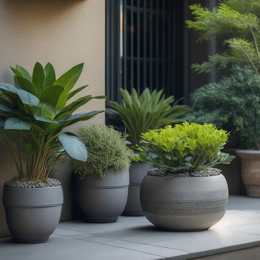 A serene outdoor oasis featuring a large, curved concrete planter overflowing with lush greenery, surrounded by smaller planters in various shapes and textures, amidst a natural stone patio and warm ambient lighting.