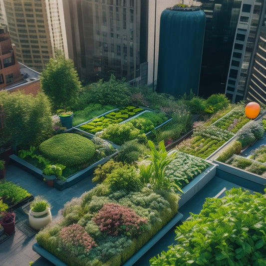 Aerial view of a lush, verdant rooftop garden in a bustling city, with rows of vibrant green vegetables, herbs, and flowers amidst sleek, modern skyscrapers and urban infrastructure.