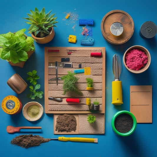 A colorful, overhead shot of a crafting table with building blocks, small potted plants, a drill, screws, a hammer, nails, a level, a measuring tape, and a bucket of soil, arranged in a visually appealing way.