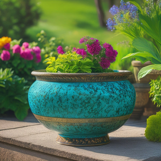 A vibrant, beautifully styled outdoor setting featuring a distressed wooden planter with intricate, swirling patterns of turquoise and gold paint, surrounded by lush greenery and colorful blooming flowers.