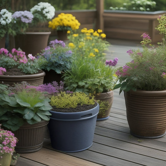 A deck with multiple cinder block planters, some with cracks and worn-out mortar, while others are sealed and protected with a waterproof coating, surrounded by lush greenery and blooming flowers.