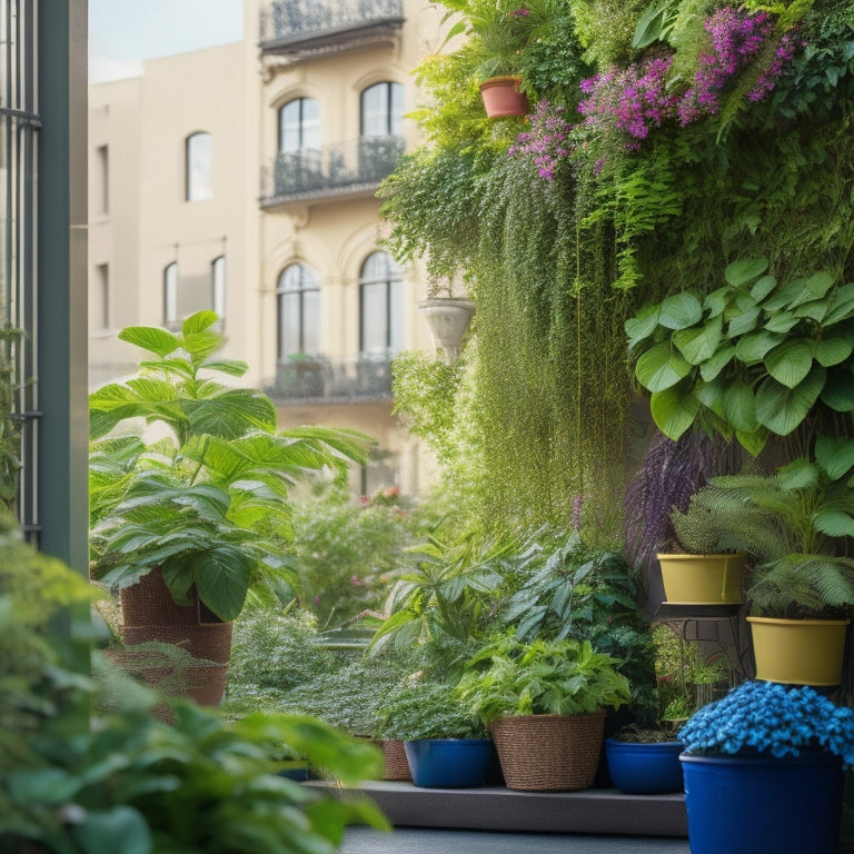 A lush, thriving vertical garden on a small urban balcony, with vines spilling over a trellis, colorful flowers blooming from pockets, and leafy greens cascading from hanging baskets, set against a cityscape backdrop.