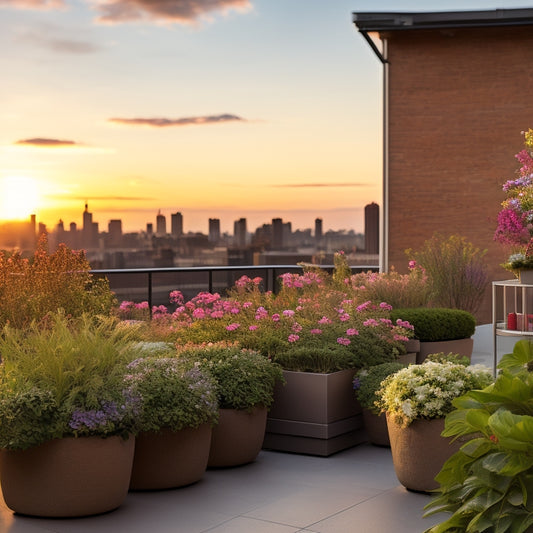 A serene rooftop scene with a small, rectangular planter overflowing with lush greenery and vibrant flowers, surrounded by a compact seating area and a distant cityscape at sunset.