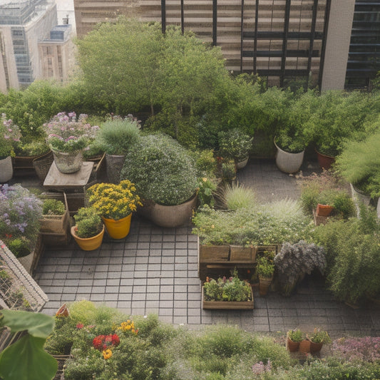 An aerial view of a lush rooftop garden with vibrant flowers, lush greenery, and repurposed materials like old pallets, wooden crates, and plastic bottles transformed into planters and trellises.