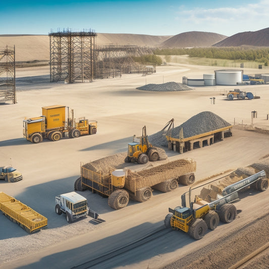 An illustration of a construction site with a batching plant in the center, surrounded by various types of mixers, conveyors, and silos, with excavators and trucks in the background.
