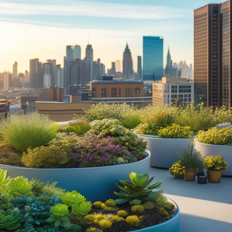 A serene rooftop oasis with lush greenery, curved pathways, and a mix of succulents and wildflowers, surrounded by sleek modern skyscrapers and a bright blue sky with fluffy white clouds.