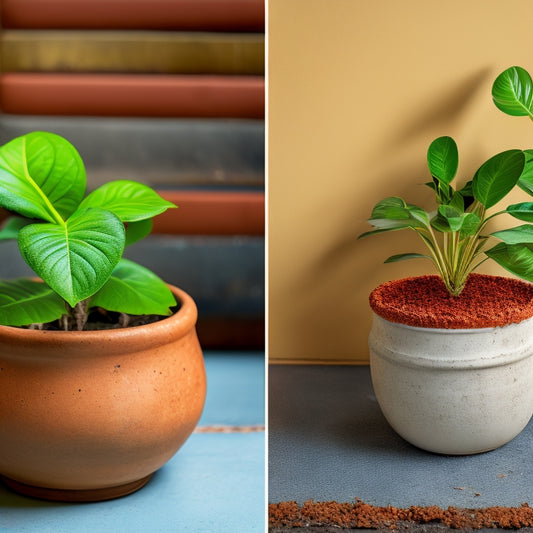A split-screen image featuring a worn, cracked, and faded terracotta pot on the left, and a modern, sleek, white planter with lush greenery on the right.