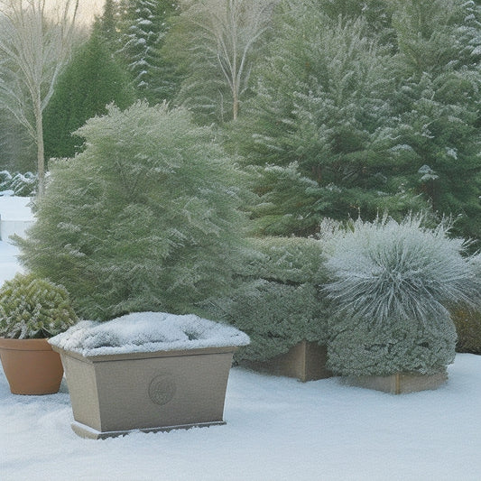 A serene winter garden scene with a frosty morning backdrop, featuring a few cinder block planters in the foreground, one covered in a fitted breathable cloth, another with a layer of mulch, and a third with a tiny evergreen shrub peeking out.