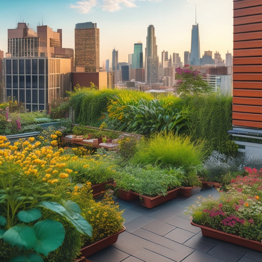 A serene rooftop garden overflowing with diverse flora, featuring a mix of potted plants, vertical green walls, and a thriving bee hotel amidst a backdrop of urban skyscrapers.