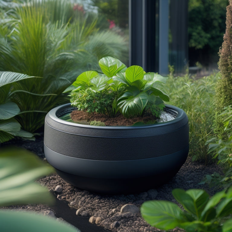 An image of a sleek, modern planter with a built-in water reservoir, surrounded by lush greenery, with a visible water level indicator and a small pipe connecting the reservoir to the soil.