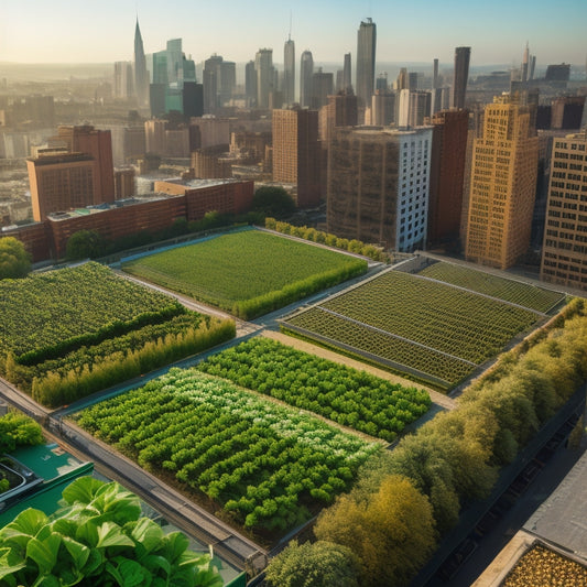 An overhead view of a lush, green rooftop farm with rows of leafy vegetables, a few bees flying around, and a subtle grid of thin, black irrigation pipes, amidst a backdrop of city skyscrapers.