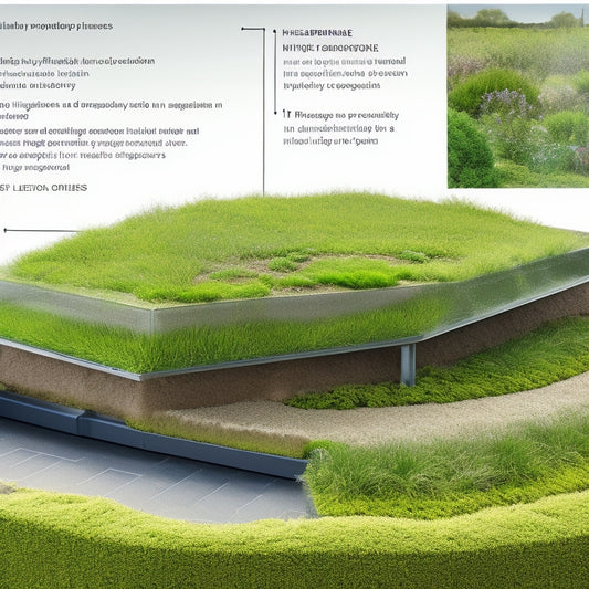 An illustration depicting a green roof with visible layers, including a waterproofing membrane, drainage mat, growing medium, and lush vegetation, with irrigation pipes and misting nozzles integrated throughout.