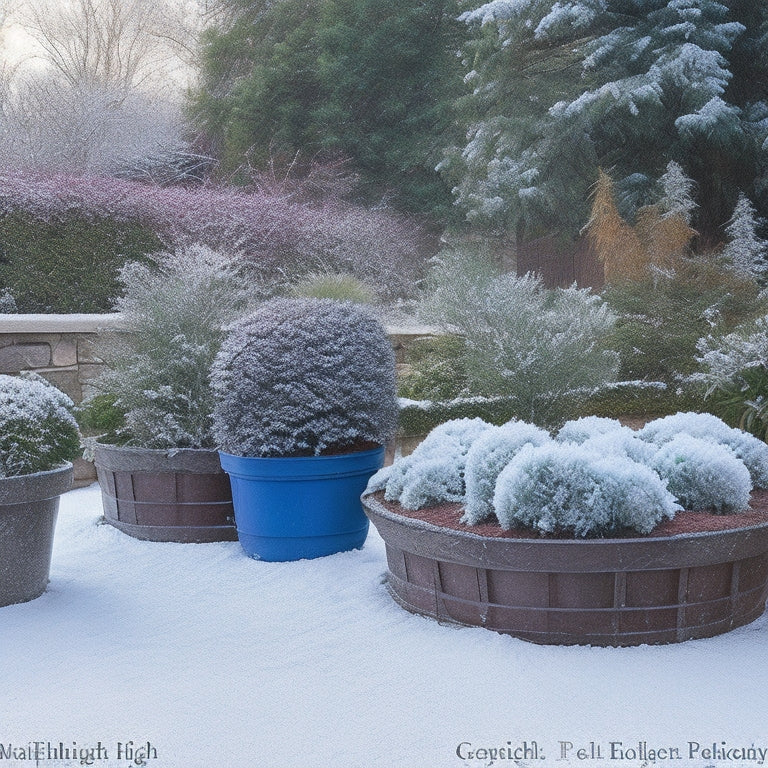 An image of a serene winter garden scene with a mix of empty and protected planters, showcasing various frost protection methods such as covers, blankets, and straw mulch.