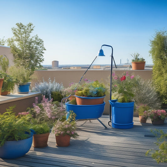 A serene rooftop garden scene with lush greenery, vibrant flowers, and a few potted plants, set against a bright blue sky with a few wispy clouds, featuring a watering can, pruning shears, and a garden cart.