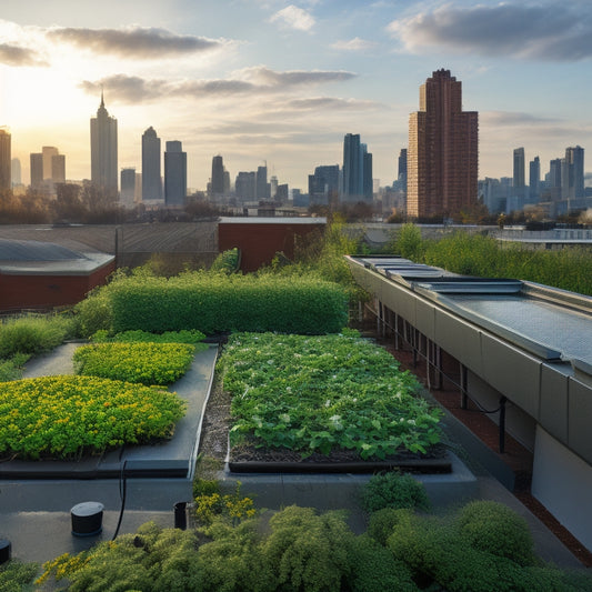 A rooftop with a newly installed irrigation system, featuring a network of thin, black pipes and sprinkler heads, amidst a lush green garden with blooming flowers and a backdrop of a cityscape.