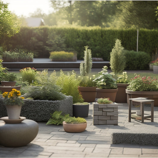 A serene outdoor setting with six block planters of varying sizes, each showcasing a different stage of assembly, surrounded by lush greenery, gardening tools, and a few scattered blocks.