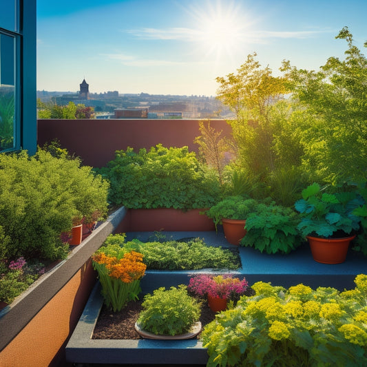 A rooftop garden scene with lush, varied greenery, featuring a central bed of crisp, emerald lettuce surrounded by complementary plants like marigolds, nasturtiums, and herbs, under a sunny blue sky.
