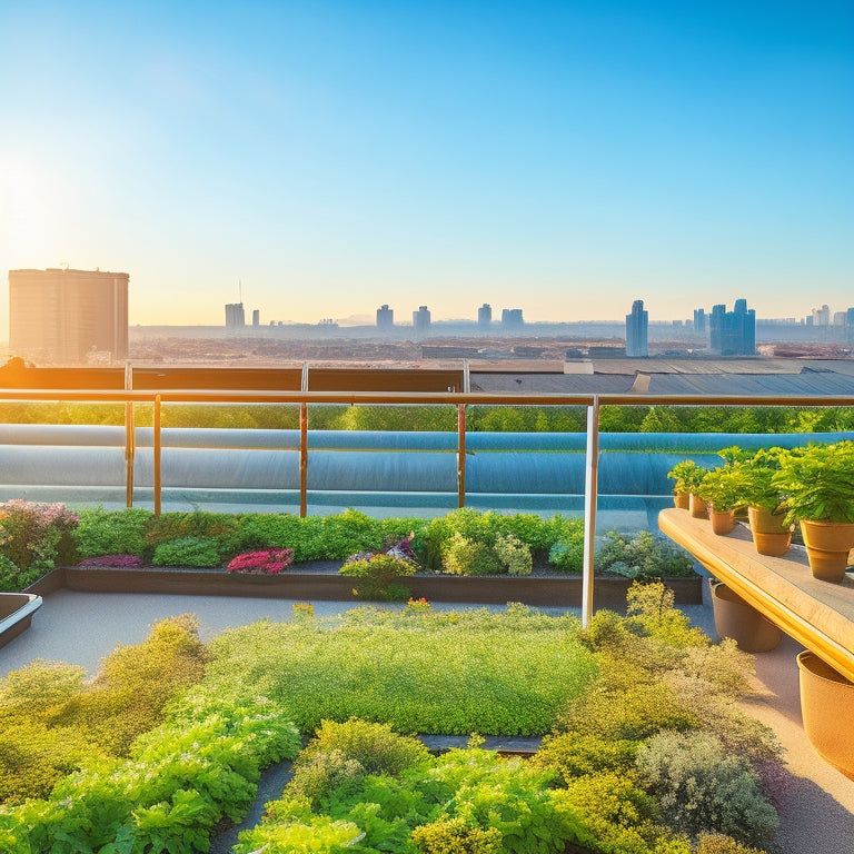 A serene rooftop garden scene with lush green vegetables and vibrant flowers, surrounded by a network of transparent irrigation tubes, drippers, and micro-sprinklers, set against a sunny blue sky.