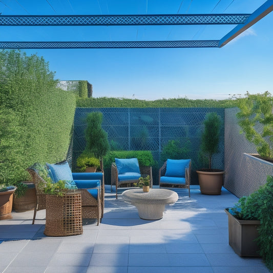 A serene rooftop garden with a modern shade cover featuring a latticework trellis, lush greenery, and a few lounge chairs, set against a bright blue sky with a few puffy white clouds.