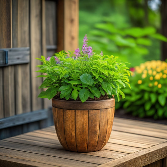 A beautiful, modern planter with a distressed wooden base, adorned with lush greenery and vibrant flowers, sitting on a rustic outdoor patio with a blurred background of a serene garden landscape.