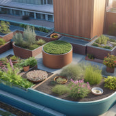 An illustration of a thriving rooftop garden with various planters, showcasing different drainage solutions: a planter with built-in reservoir, another with a drainage hole and pipe, and one with a permeable membrane liner.