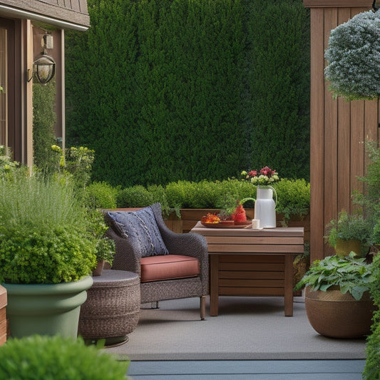 A serene outdoor setting featuring a large, rectangular wooden planter with a trellis back, overflowing with lush greenery and vibrant flowers, surrounded by comfortable outdoor furniture and a statement light fixture.