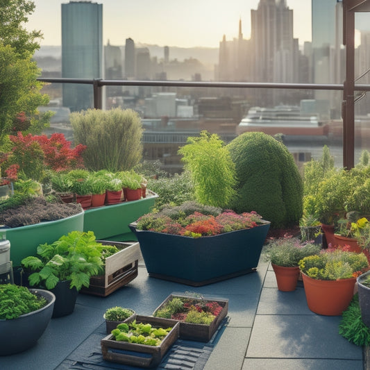 A vibrant rooftop garden scene with lush green vegetables and herbs thriving in planters, surrounded by sleek cityscape views, with various organic fertilizer bags and eco-friendly gardening tools scattered around.