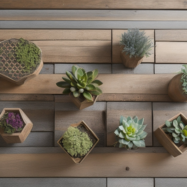 A whimsical, overhead shot of five unique DIY planters with built-in trellis designs, each featuring a different shape, material, and blooming plant, arranged artfully on a rustic wooden table.