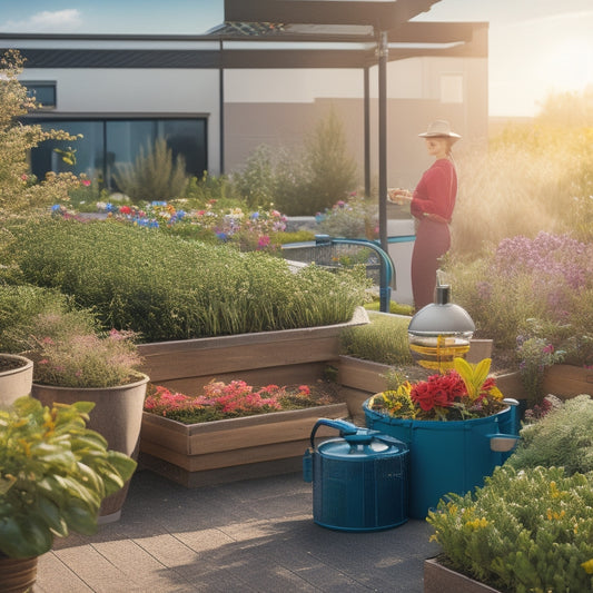 An illustration of a thriving rooftop garden with lush greenery and vibrant flowers, featuring a drip irrigation system, a rainwater harvesting tank, and a person inspecting the setup with a watering can nearby.