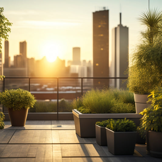 A serene urban rooftop scene with lush greenery overflowing from sleek, modern planters, accompanied by a subtle cityscape backdrop and warm, golden sunlight casting a gentle glow.