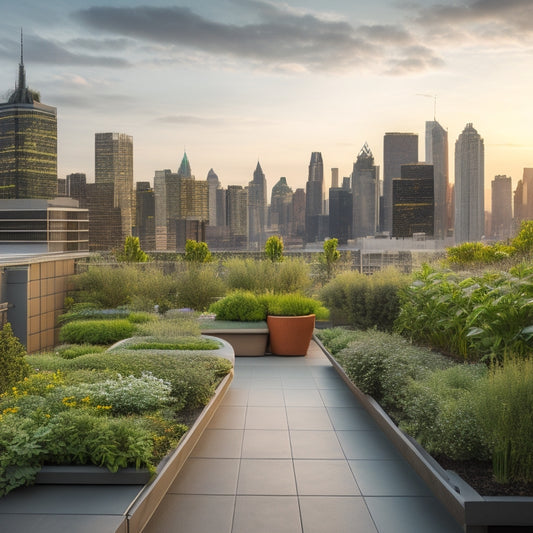 A serene urban rooftop garden with lush greenery, meandering stone pathways, and a sleek rainwater harvesting system, surrounded by towering skyscrapers and a misty cityscape at dusk.