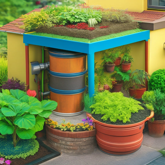 An illustration showing a rooftop rainwater collection system with pipes and gutters, connected to a storage tank, which overflows into a lush, thriving vegetable garden with vibrant green leaves and colorful flowers.